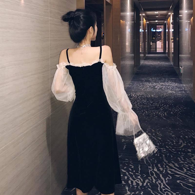 Mesh Ruffles Slash Neck Off Shoulder Lace Up Women Summer Korean Dress Women Spaghetti Strap Dresses