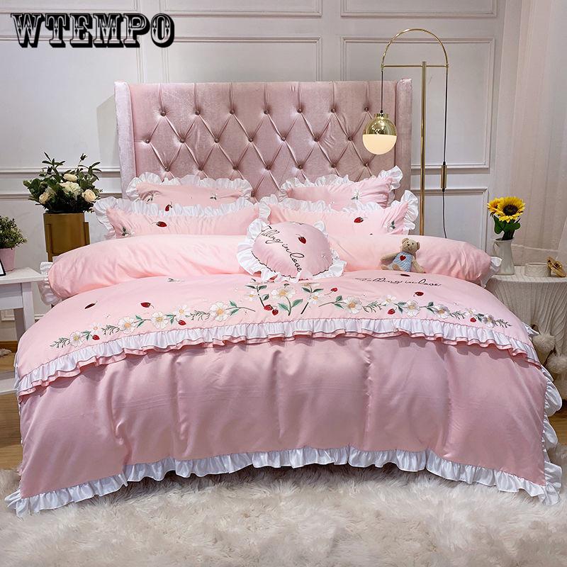 Cotton 4pcs Jacquard Silk Cotton Luxury Bedding Set King Size Queen Bedclothes Bed Skirt
