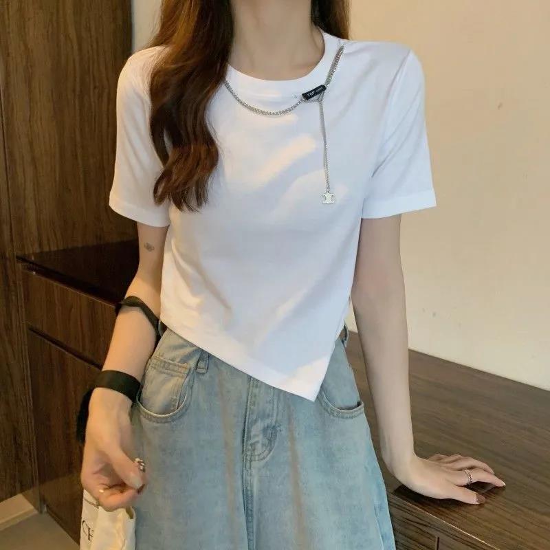 Women's Fashion Round Neck Half Sleeve Asymmetry Summer Casual Slim Short T-shirt