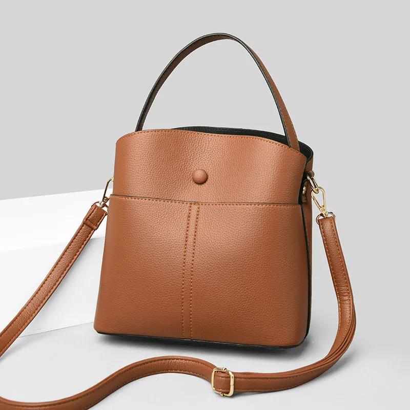 Real Cowhide Women Bucket Bag Casual Female Handbag Portable Multi-Layer Large Capacity Soft Surface 5 Colors