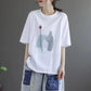 Cotton Retro Print Round Neck Short Sleeve T-Shirt Girls Summer Large Size Loose Casual Top