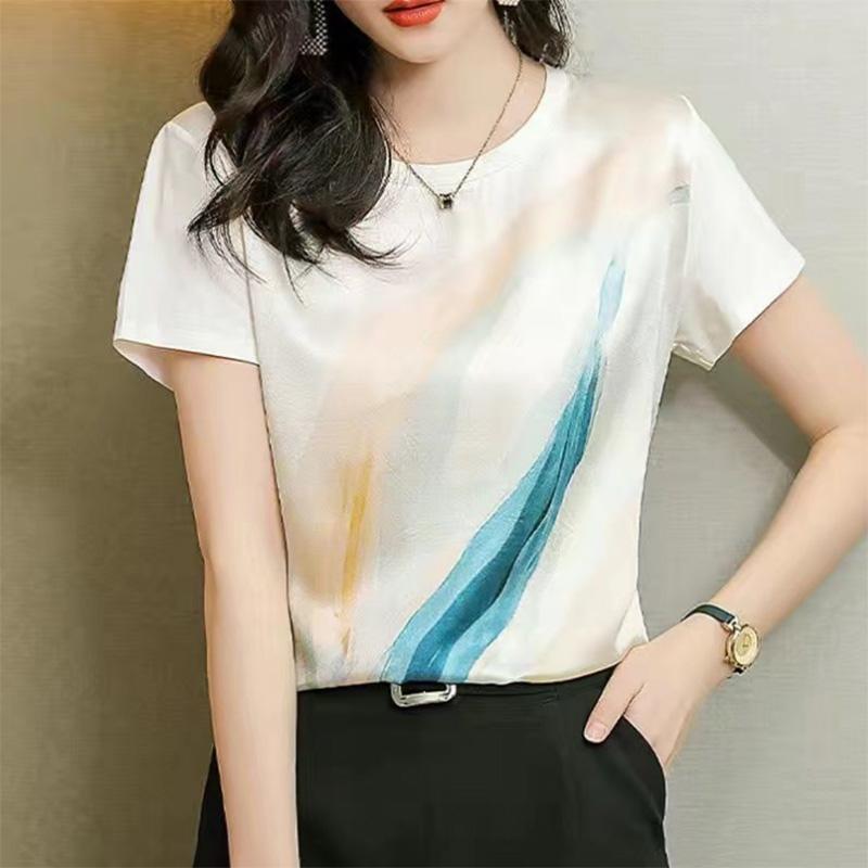 Skin-friendly Silky Imitation Silk Short-sleeved T-shirt Women's Printed Summer Shirt Korean Version Loose and Thin Top