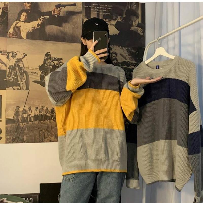 Pofulove Round Neck Color Matching Sweater Schoolgirl Loose Loose Lazy Wild Sweater Winter Coat