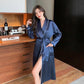 Women's Autumn and Winter Solid Color Ice Silk Bathrobe Robe Large Size Long-sleeved Pajamas Robes High Quality Home Wear Bandaged Belt Dress