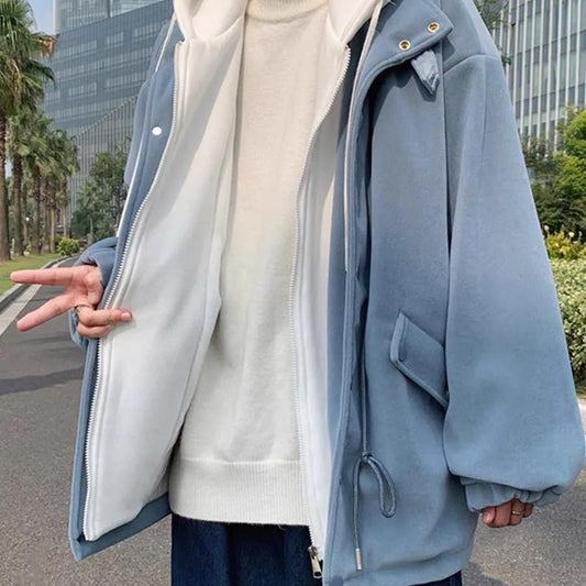 Fake Two-piece Velvet Thick Jacket Youth Hooded Zipper Cardigan Unisex Autumn and Winter Windbreaker Loose Casual Thick Coat