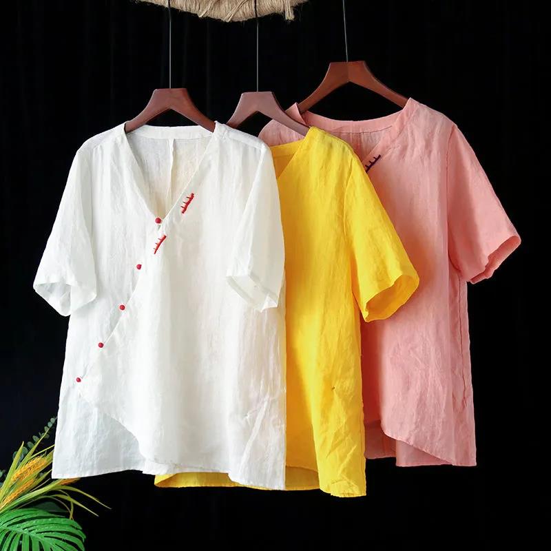 Women's Summer Cotton Linen Short Sleeve Top Embroidered Loose Versatile V-Neck T-Shirt