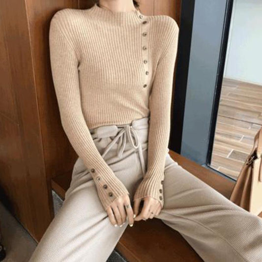 Spring and Autumn Thin Bottoming Shirt Casual Long-sleeved Short-sleeved Sweater Women's Slim Slimming Half-high Collar Buttoned White Sweater Top