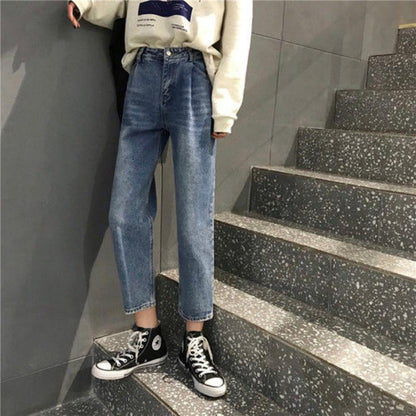 WTEMPO Women's Retro Jeans Student High Waist Was Thin and Loose Wide Leg Straight Cropped Pants