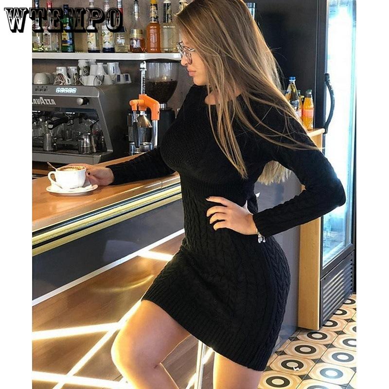 Women Solid Color Sweater Autumn Winter Sweater Dress Long Sleeve Knitted Dress