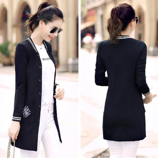 Mid Length Baseball Uniform Jacket Women's Long Sleeves Jacket Large Size Casual Outerwear Top