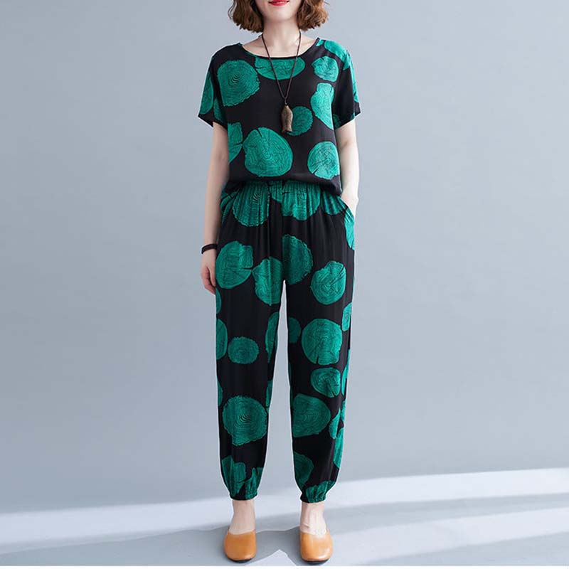 Women Summer Homewear Pajamas Set Short Sleeve Ninth Pants Casual Two Piece Set Print Loose Large Size Top and Pants Comfortable Tracksuirt Pajama Set