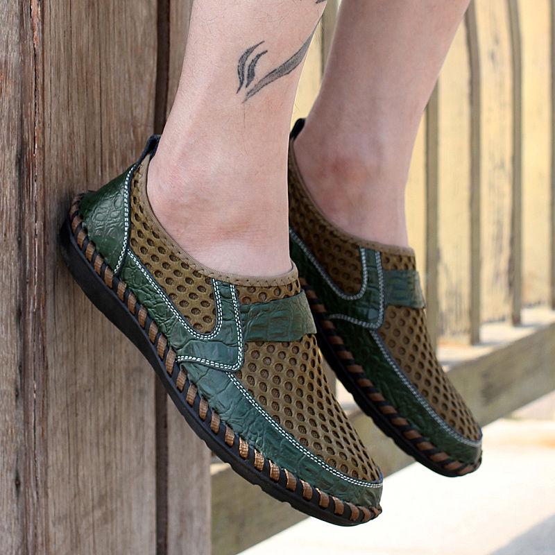 Cowhide Sandals Men's Hollow Mesh One Pedal Peas Shoes Men's Shoes Breathable Casual Lazy Shoes