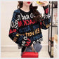 Chic Women Letter Knitwear Crew Neck Loose Knitting Pullover Hit Color Jumper Sweater Top
