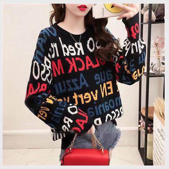 Chic Women Letter Knitwear Crew Neck Loose Knitting Pullover Hit Color Jumper Sweater Top
