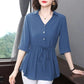 Short-sleeved Chiffon Shirt Women's Mid-sleeve Summer Loose Belly Cover Waist Top Solid Color V-neck Large Size Mid-length Thin Blouses Drawstring Top