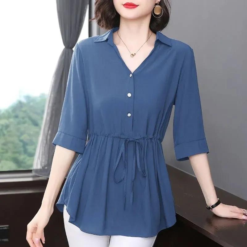 Short-sleeved Chiffon Shirt Women's Mid-sleeve Summer Loose Belly Cover Waist Top Solid Color V-neck Large Size Mid-length Thin Blouses Drawstring Top