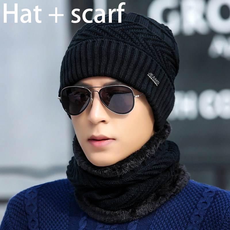Plush Cotton hat Hat + scarf Windproof hat Autumn winter Warm hat Thick hat Man Trend knitting hat
