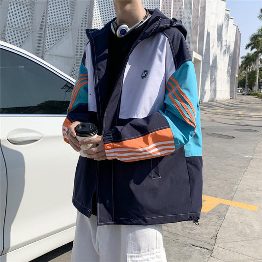 Three-bar Stitching Contrast Jacket Men's Spring Plus Fat Plus Size Jacket Loose Hooded Overalls