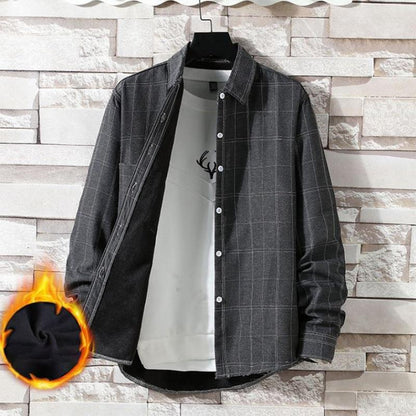 Men's Warm Shirt Autumn and Winter Plaid Plus Velvet Padded Shirt Long-sleeved Hong Kong Style Youth