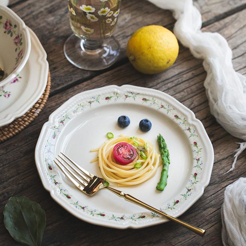 Rattan Flower French Embossed Dinner Plate Dish Ceramic Dessert Fruit Plate Retro Tableware