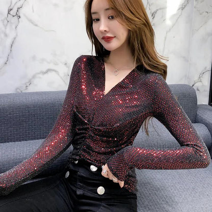 Women's Spring and Autumn Long-sleeved Top V-neck Slim Bottoming Shirt