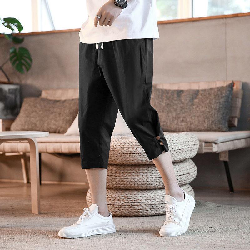 Men's Cropped Trousers Summer Thin Cotton and Linen Casual Loose Loose Cropped Shorts