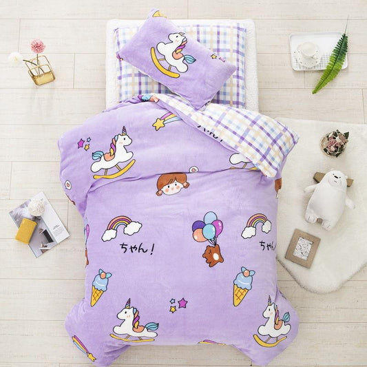Fall/Winter Double-sided Milk Velvet Three-piece Quilt for Kindergarten Children's Nap Quilt Plus Velvet Thick Quilt Cover Removable and Washable