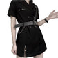 Cool Girl Black Belt Dress Women's Summer Dress Short Sleeve Turn-down Collar Knee-length Daily Wear Office Dating Party