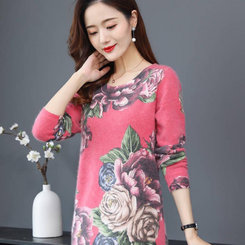 Pofulove Autumn and Winter New Women's Middle-aged Fashion Printed Round Neck Slim Dress Long