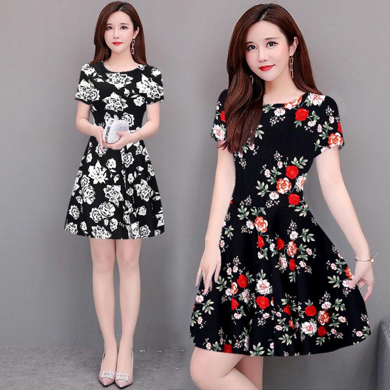 Brand Dress Round Neck Women Casual Flower Short Sleeve Skirt Sunmmer  Beach High Waist