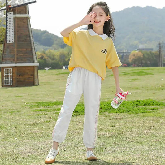 Girls Summer Clothes Breathable and Thin Stitching Contrast Color Design Short-sleeved Trousers Loose Casual Sports Style Two-piece Suit