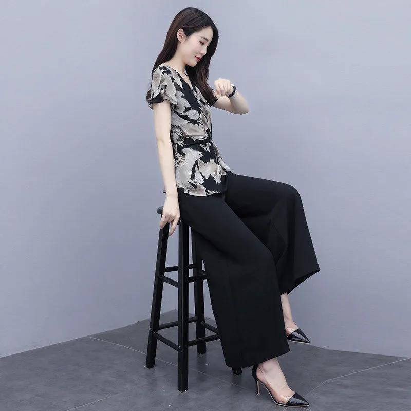 Suit Printed Chiffon Shirt Summer Temperament Casual Suit V-neck Short Sleeve Shirt + Loose Wide Leg Pants Lightweight