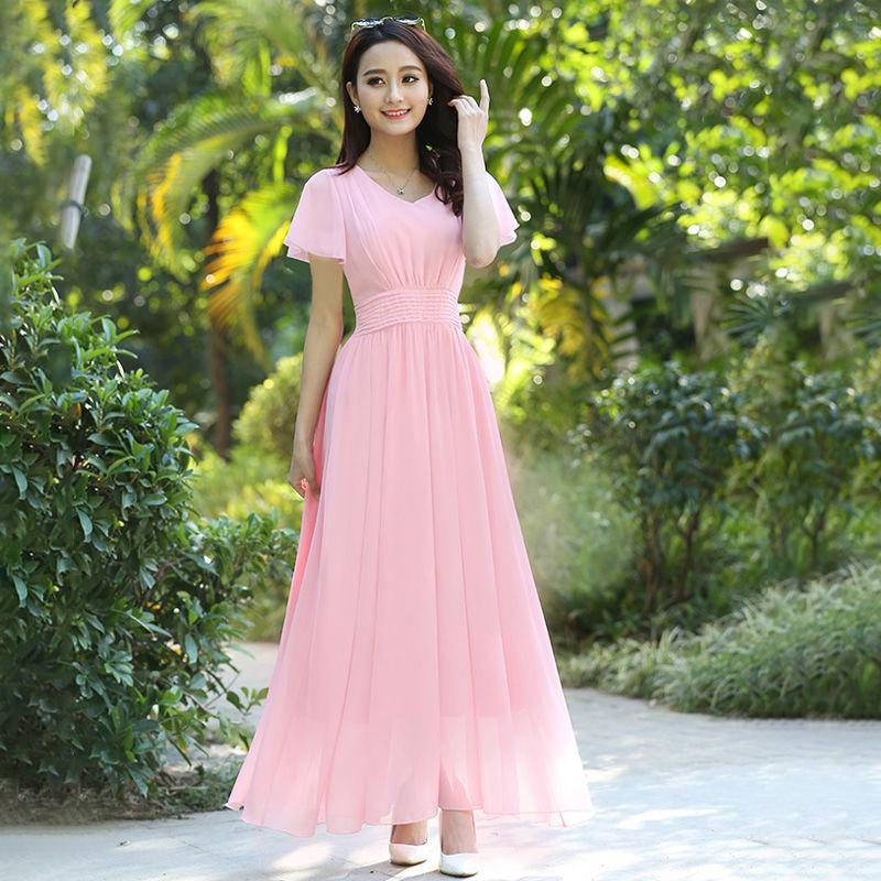 Summer Dress Long Skirt V-neck Chiffon Self-cultivation Women's Bohemian Beach Skirt Fairy Skirt Fabric Light and Breathable Large Skirt