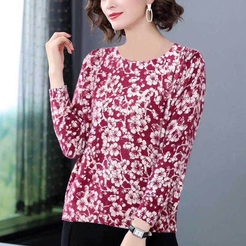 Spring and Autumn Mother Round Neck Long-sleeved T-shirt Women Floral Slim Top Women