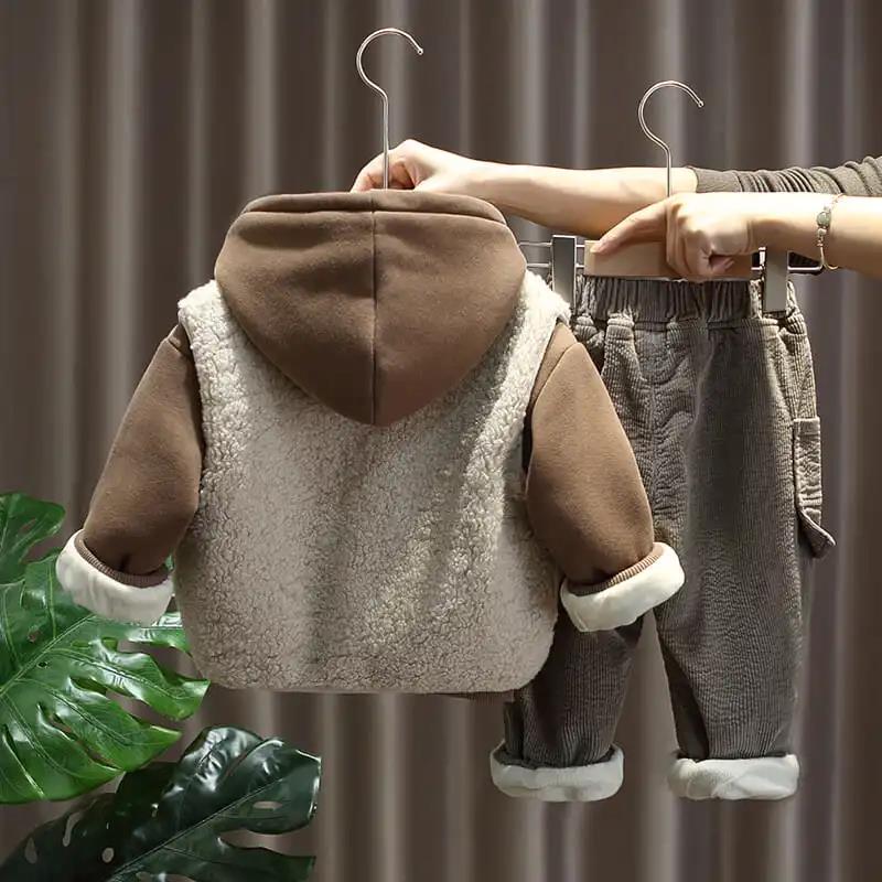 Boys Plus Velvet Padded Suit Autumn and Winter Baby Lamb Cashmere Vest Three-piece Children's Winter Clothing Trend Cute Cotton Clothing