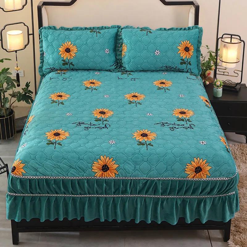 Winter Crystal Velvet Bedspread Double-layer Thick Quilted Printing Thick Velvet Mattress Cover Sheet Non-slip Protective Cover
