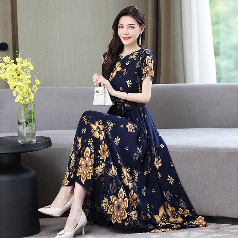 Cotton Silk Dress Female Mother's Dress Western Style Middle-aged and Elderly Plus Size Large Swing Skirt