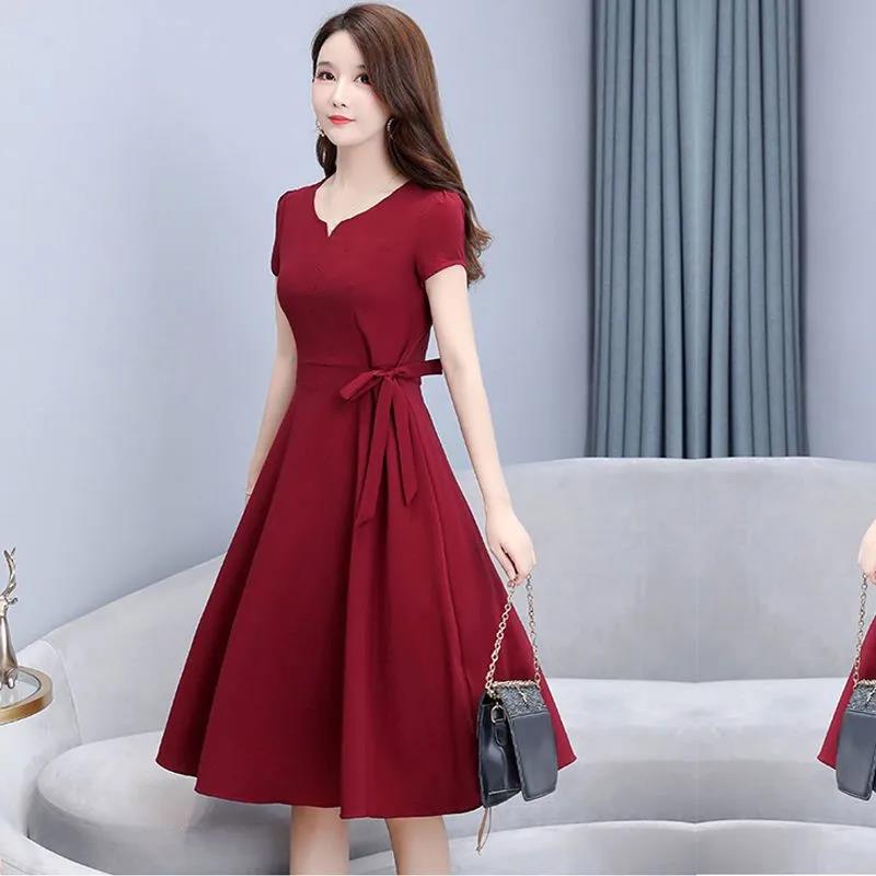 Summer Plus Size Women's Dress Mid-length Over-the-knee Belt Slim-fit A-line Long Dress