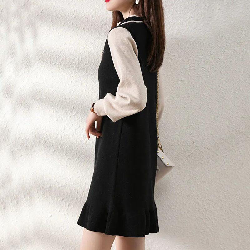 Sweater Dress Women's Ruffle Fake Two-piece Splicing Pullover Knitwear Korean Lady Style Dress Trendy Sweater Autumn and Winter