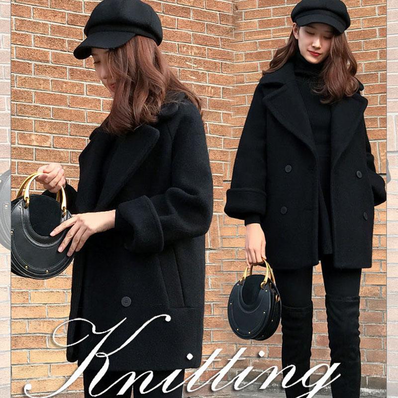 Loose Black Woolen Coat Mid-length Woolen Coat Autumn  Winter Thick Double-breasted Pea Coat