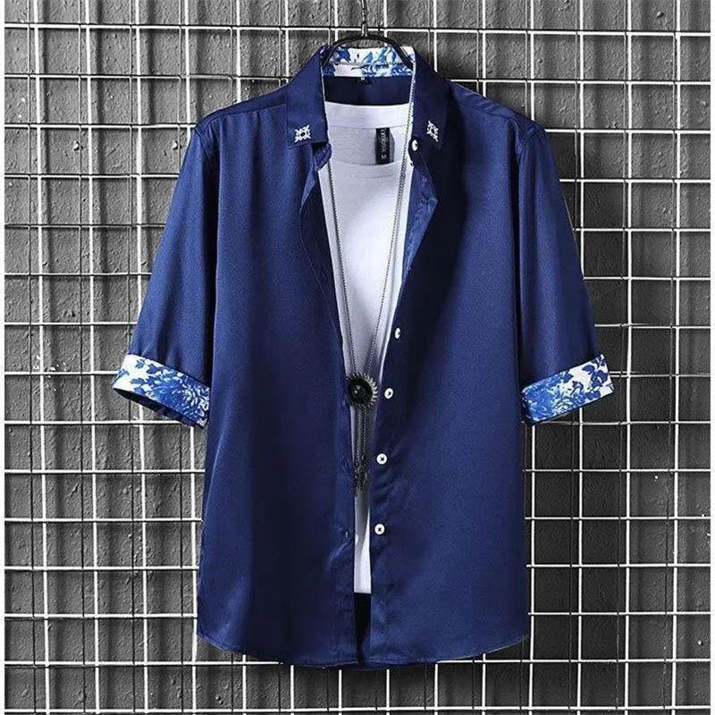 Spring and Summer New Men's Short-sleeved Floral Shirt Can Be Turned Five-quarter Sleeve Half-sleeved Shirt Clothes Men's