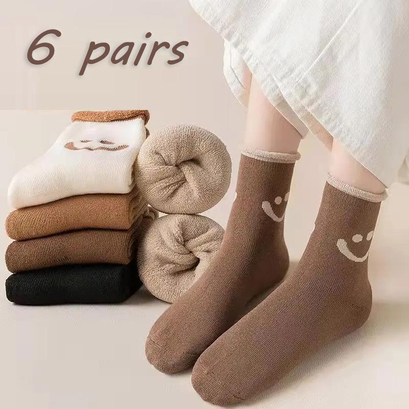 Six Pairs of Women's Socks Fashion Printing Solid Color Tube Socks Winter Plus Velvet Thick Warm Floor Socks