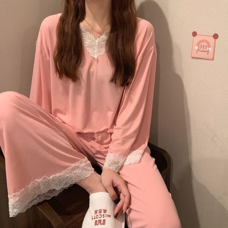 Women's Spring Autumn Long-sleeves Pajamas Set Sexy Lace Edge V-neck Sweet Loose Home Wear Two-piece Suit Solid Color Breathable Sleeping Suit