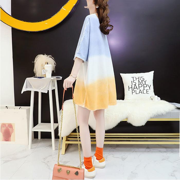 T-shirt Dress Stitching Color Gradient Women Dress Girl Loose V-Neck Batwing Sleeve Casual Long  Big Loose Home Comfort Outer Convenient