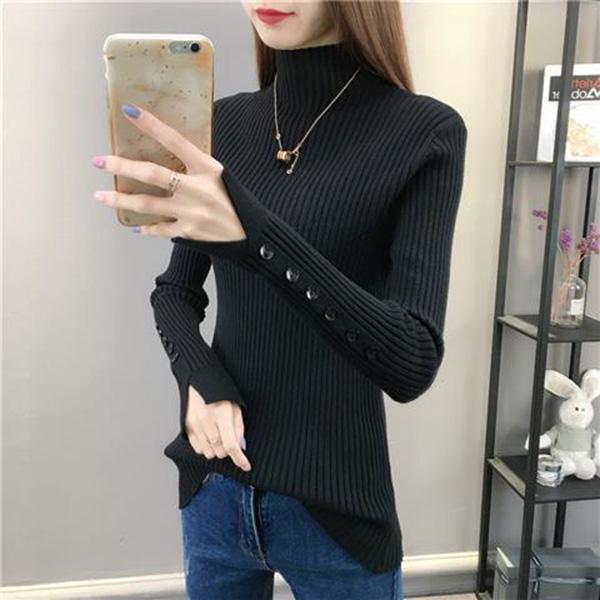Autumn and Winter Half Turtleneck Loose Bottoming Shirt Button Split Sleeve Sweater Slim Casual Knit Sweater
