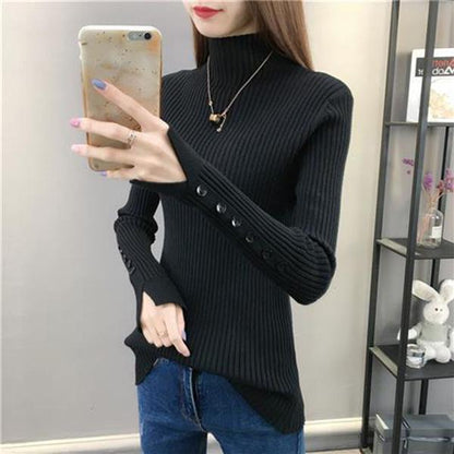 Autumn and Winter Half Turtleneck Loose Bottoming Shirt Button Split Sleeve Sweater Slim Casual Knit Sweater
