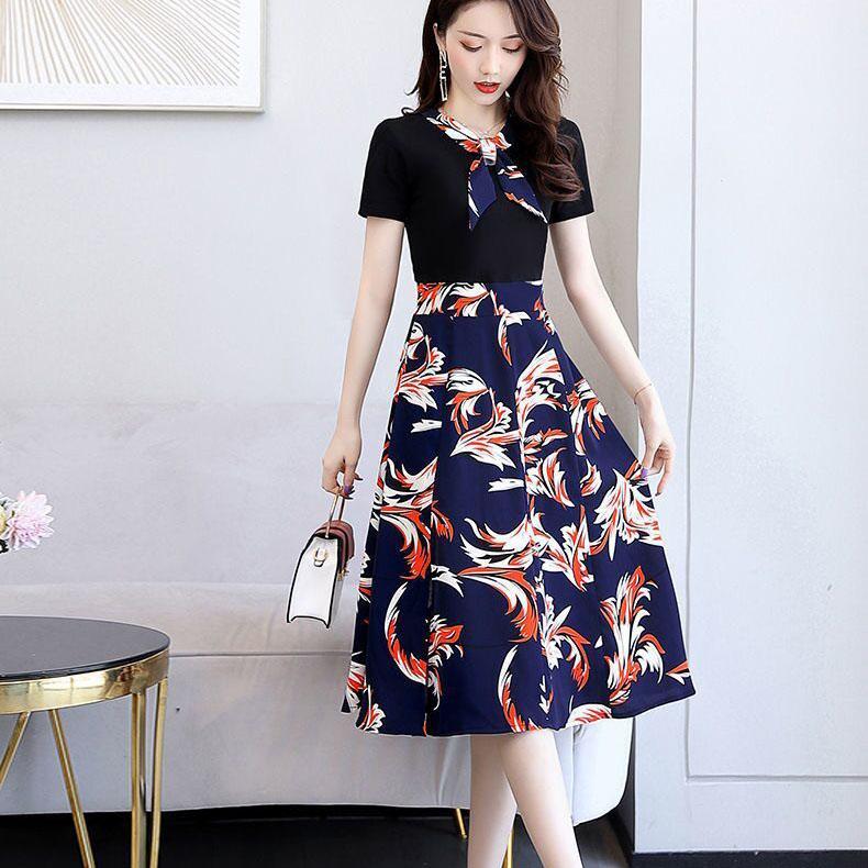 Women Summer Vintage Short Sleeve Floral Printed Casual Dress Slim High Waist Light Ripe Wind Chiffon Split Dress