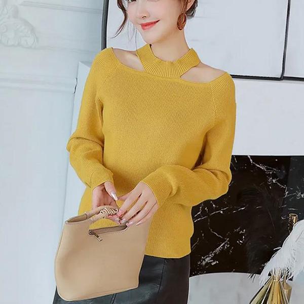 Spring and Autumn Hollow Halter Top Sexy Strapless Solid Color Base Shirt Women Round Neck Long Sleeve Comfortable Sweater