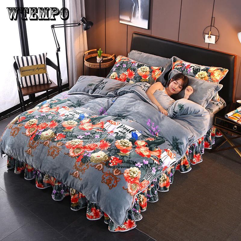 Flannel Bedding Set Winter Warm Fleece Embroidery Duvet Cover Set Bed Sheet Queen King Size