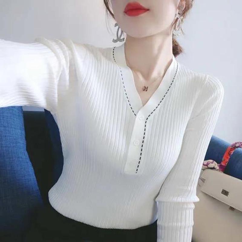 Sweater Long-sleeved Knitted Sweater Women's V-neck Slim Thin T-shirt All-match Sweater Slimming Top Women's Korean Style